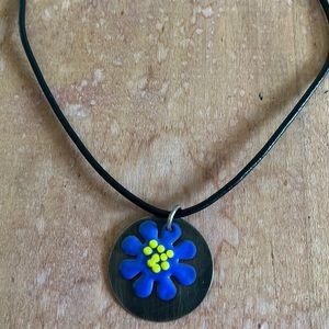 Handmade steel, enamel and leather pendant necklace.